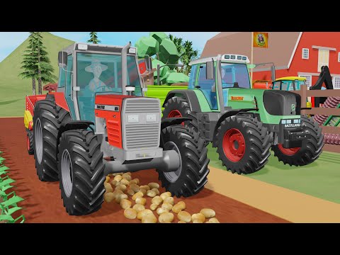 Farm of colorful tractors and a Harvest of ripe young potatoes - New Colorful machines on the Farm