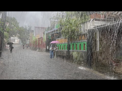 Heavy rain in Indonesian village, walking in heavy rain, falling asleep to the sound of heavy rain