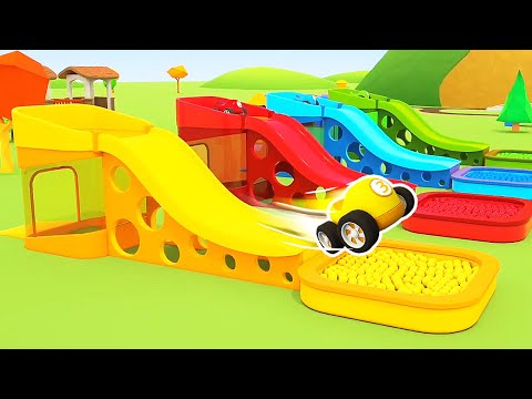 Cars and trucks install street lights for racing cars for kids. Helper cars cartoons for kids.