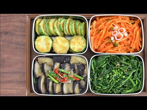 4 Korean Side Dishes :: Spicy radish l Marinated Eggplant l Sesame Spinach l Zucchini ✔️ bibimbap