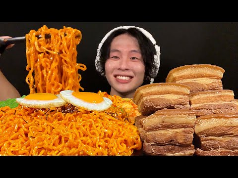 ASMR Buldak stir-fried noodles, braised pork‼️【eating sound/mukbang】