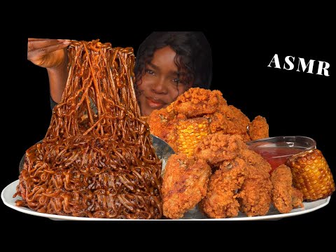 ASMR SPICY BLACK BEAN NOODLES & FRIED CHICKEN WINGS MUKBANG |Eating Sounds| Vikky ASMR