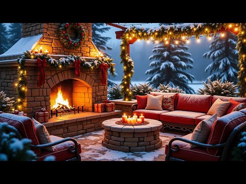 Serene Winter Porch Ambience ❄️ Jazz, Snowfall, & Fireplace Sounds for Christmas