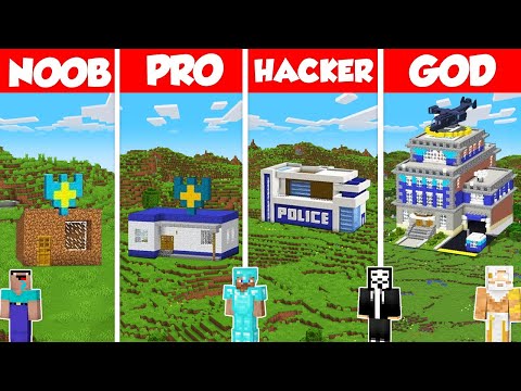 Police Station Build Battle Challenge - Noob vs Pro vs Hacker vs God - Minecraft Animation