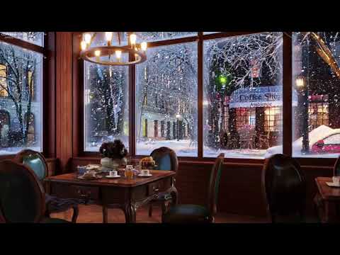 Snow Night on Coffee Shop Window with Relaxing Jazz Music