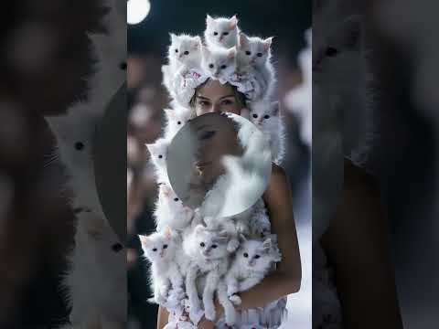 "Amazing runway moment! A model rocked a dress made of tiny white kittens. Pure fashion magic! #cat