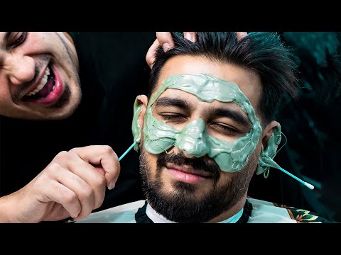 Full service Barbershop {ASMR}💈Face wax , Scissors cut , Beard trim & styling