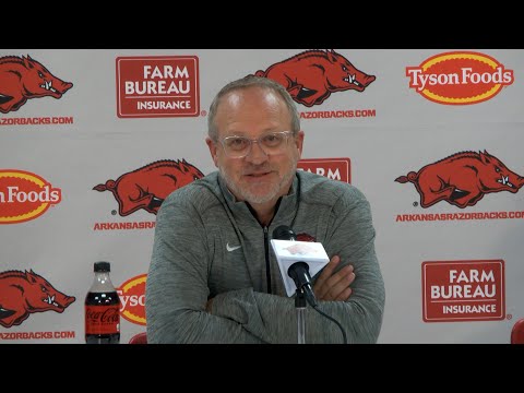 Mike Neighbors speaks to the media following Arkansas' 84-65 win over East Texas A&M