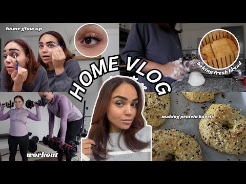 HOME VLOG // Baking bread, making protein bagels + home glow up (lashes, brows, teeth whitening) 🩶