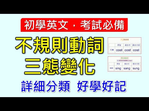 不規則動詞三態變化-詳細整理，系統分類，4大類+4小類，簡單易懂，發音清楚，好學好記，是學好英文的重要基礎。