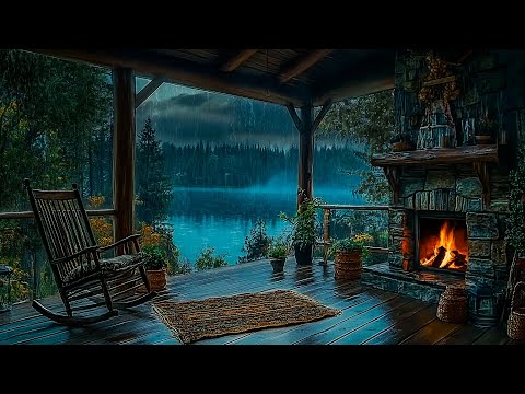 Lakeside Porch Ambience with Fireplace - Soothing Rain Sound and Crackling Fire To Sleep, Relax