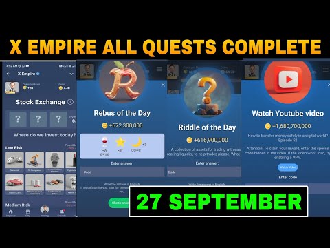 27 September All Quests Code X Empire | Youtube Video Code | Rebus Of The Day | Investment Fund Card