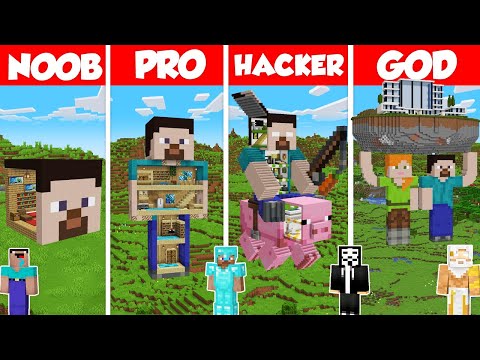 Steve Statue House Build Battle Challenge - Noob vs Pro vs Hacker vs God - Minecraft Animation