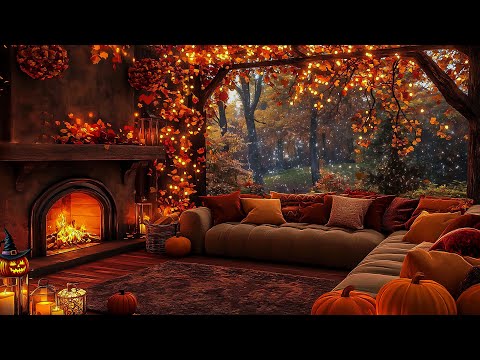 Cozy Autumn Cabin Ambience in the Forest 🍂 Gentle Jazz & Fireplace Sounds for Relax, Study & Work ?