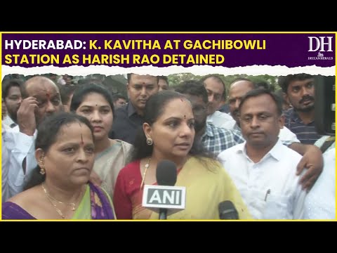 Hyderabad: K. Kavitha at Gachibowli station as Harish Rao detained.