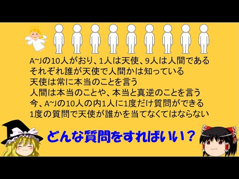 【論理クイズ】「1人の天使と9人の人間」　たった1度の質問で天使を見つけ出せ！【ゆっくり解説】