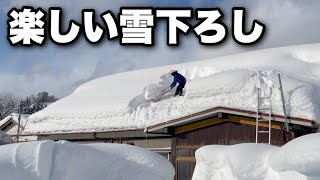 快感！スパッと切れる雪｜大寒波後の古民家の屋根の雪下ろしが楽しすぎました｜作業後に猫と食べる焼き芋も美味しかったです。