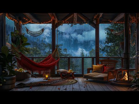 Chill Out In Rainy Balcony with Thunderstorm and Fireplace Sound⚡Relaxing Sound To Sleep, Rest, Heal