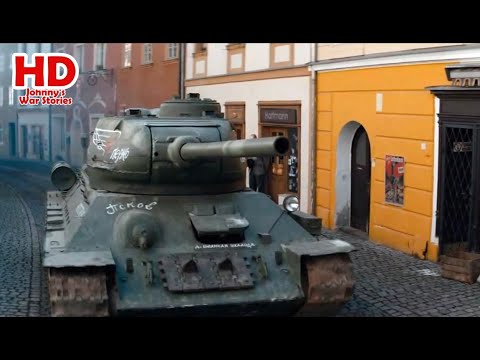 Soviet Tank enters German Village - T-34