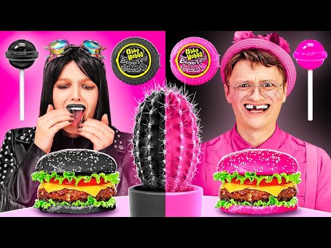 PINK VS BLACK Food Challenge - Wednesday VS Enid Eating Only 1 Color For 24 Hours by Rocketmons!