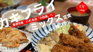 豊洲市場 | 小田保さんのカキフライミックス定食 | おおぶり牡蠣から滴る白濁汁 | たまらない剣立ち感❗️