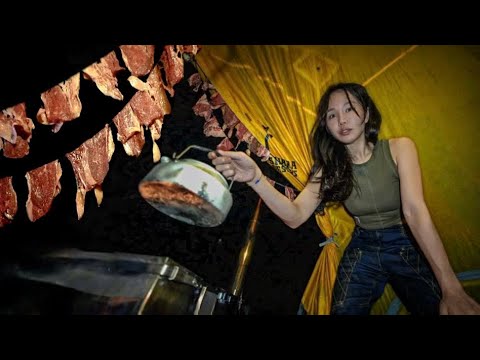 Making homemade beef jerky in a 10-year-old tent / Solo camping