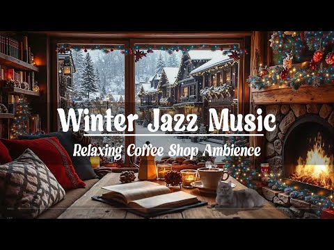 Cozy Winter Coffee Shop Ambience with Jazz Music ❄️Snowfall Outside & Crackling Fireplace for Relax