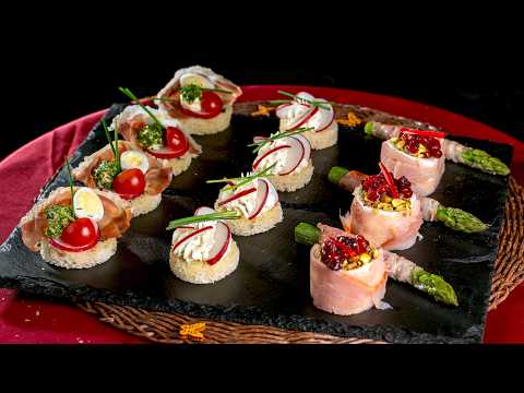 Recipes for fancy snacks for a party - Mini rolls, Sandwiches and asparagus in bacon