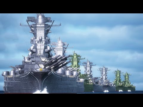 大和型戦艦7隻による主砲発射シーン【改大和・超大和】BATTLESHIP YAMATO ALL class 3DCG