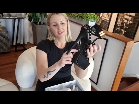 Catie Unboxes Strappy Black Faux Suede 7 Inch High Heel Shoes With Gold Studs