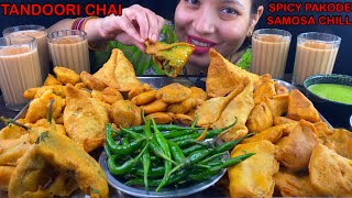 Eating Spicy🔥 Gobi Pakoda, Malai Paneer Samosa, Chilli Pakoda, Onion Pakoda, Aloo Pakoda With Chilli