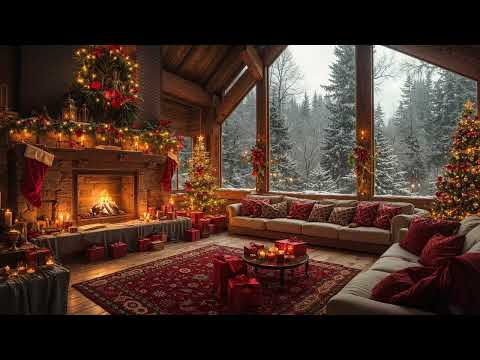 Christmas Jazz Music 2025 🎄 Cozy Christmas Ambience & Snowfall, Crackling Christmas Fireplace Sounds