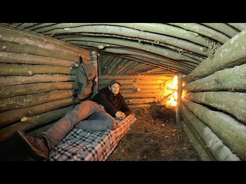 Building a WARM and COZY Survival Dugout with Oven | Underground Log Cabin. Bushcraft Overnight Stay