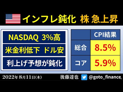 米CPI 市場予想下回る　ナスダック株急上昇　利上げ予想が鈍化（2022/8/11）