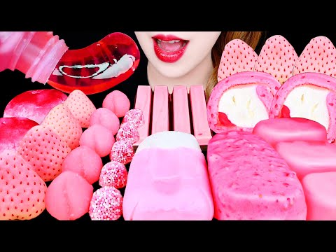 ASMR FROZEN STRAWBERRY, HONEY JELLY, HEART MARSHMALLOW, PINK ICE CREAM EATING SOUNDS MUKBANG 먹방 咀嚼音