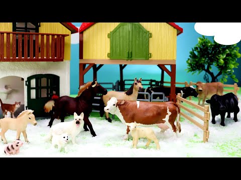 Snow on the Farm - Christmas with Barnyard Animal Figurines - Horses Cattle Sheep