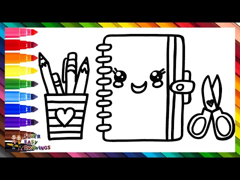 Draw and Color a Notebook, Pencils and Scissors ✏️📔❤️✂️🌈 Drawings for Kids