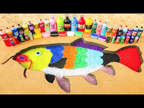 How to make Rainbow Carp Fish with Orbeez, Big Coca Cola, Fanta, 7up, Mtn Dew, Chupa Chups vs Mentos