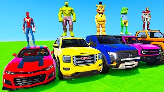 SPIDERMAN CARS COLOR Block Ramp JUMP Challenge ! SUPERHERO HULK GODZILLA TANK Stunts Race - GTA V