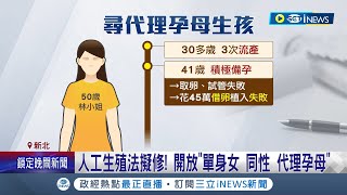 人工生殖法擬修! 台灣開放"單身女 同性 代理孕母"  代理孕母有望解禁! 薛瑞元:將提人工生殖法修法│記者 羅珮瑜 江柏緯│【台灣要聞】20231108│三立iNEWS