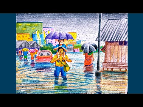 City rainy season scenery drawing step by step/Rainy day drawing/Rainy season drawing