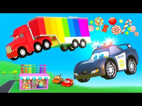 Cars Candy Story - Big Truck and Stolen Candies from City Sweet Shop, Police Hero Truck Chase