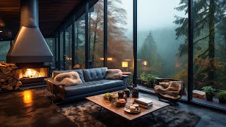 Relaxing Jazz Instrumental Music for Stress Relief 🌧️ Cozy Living Room Inside Forest on Rainy Day