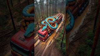 The logging truck with the big snake on it looks like a delicious ice cream in a restaurant