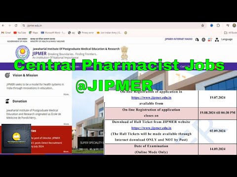 Pharmacist recruitment  at JIPMER | Central Govt. Pharmacist Vacancy 2024 | Pharmacist Jobs 2024