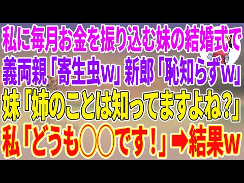 【スカッとする話】43歳独身の私に毎月お金を振り込む妹が結婚すると結婚式で義両親「寄生虫w」新郎「恥知らずw」妹「姉のことは知ってますよね？」→私「どうも○○です！」