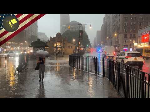 Heavy rain walk ,New York Manhattan - USA - walking in a Rainstorm FLOOD ,Umbrella and city sounds .