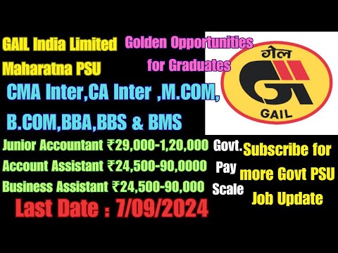 GAIL India Recruitment 2024 Latest Govt Job Update  CMA Inter CA Inter BCOM MCOM BBA BBS BMA  #job