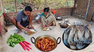 RIVER PRAWNS CURRY with RADISH | Village Style Prawns Recipe | Cooking & Eating by Mother & Son