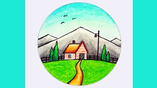 Scenery Drawing | How To Draw Easy Green Mountain and Hill Scenery With Oil Pastels